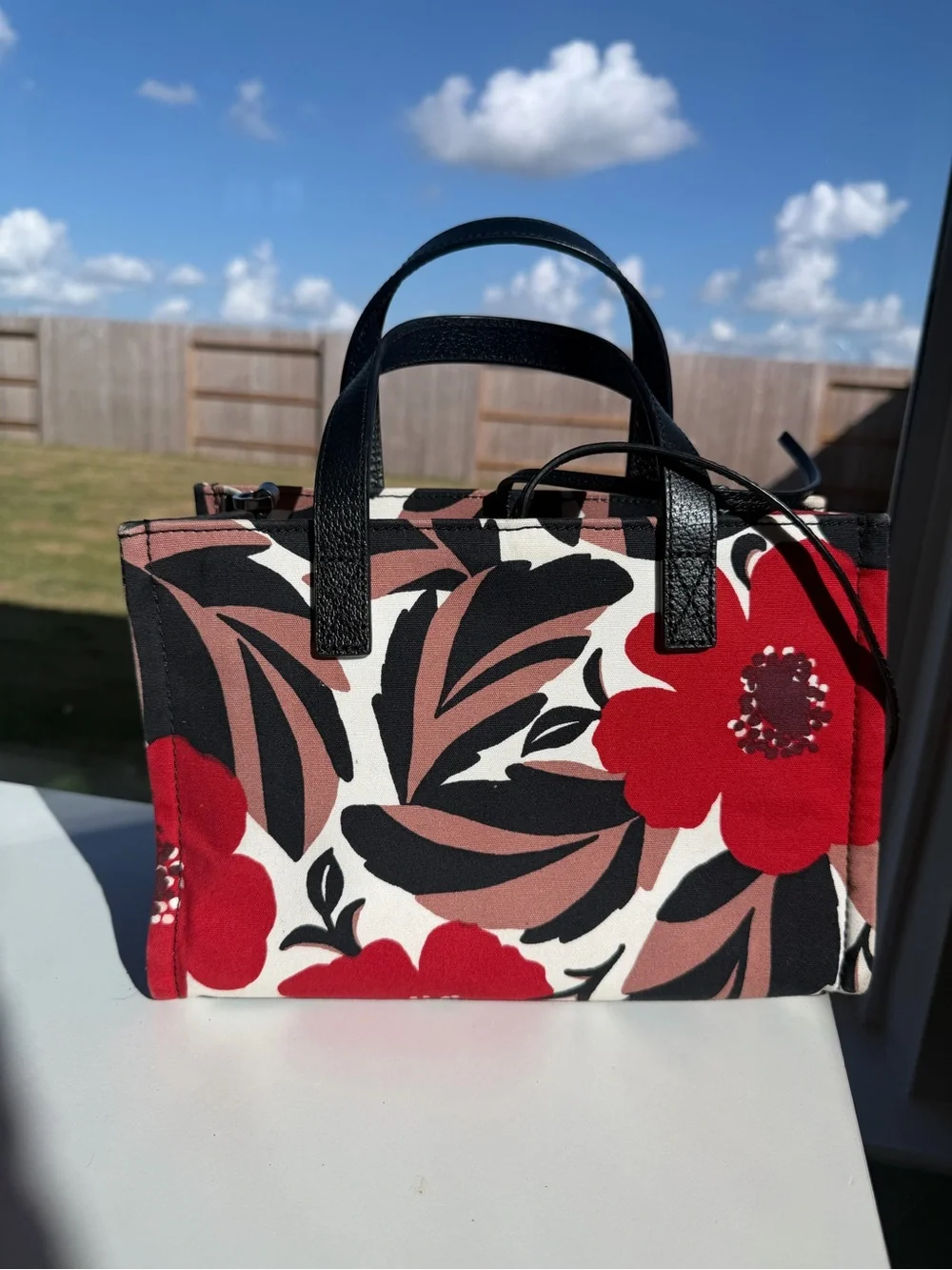 kate spade Black Handle Red Floral Canvas Tote